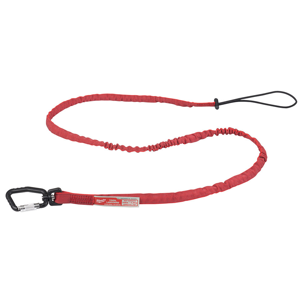 Red tool lanyard with black carabiners on each end and elastic coiled sections throughout the length.