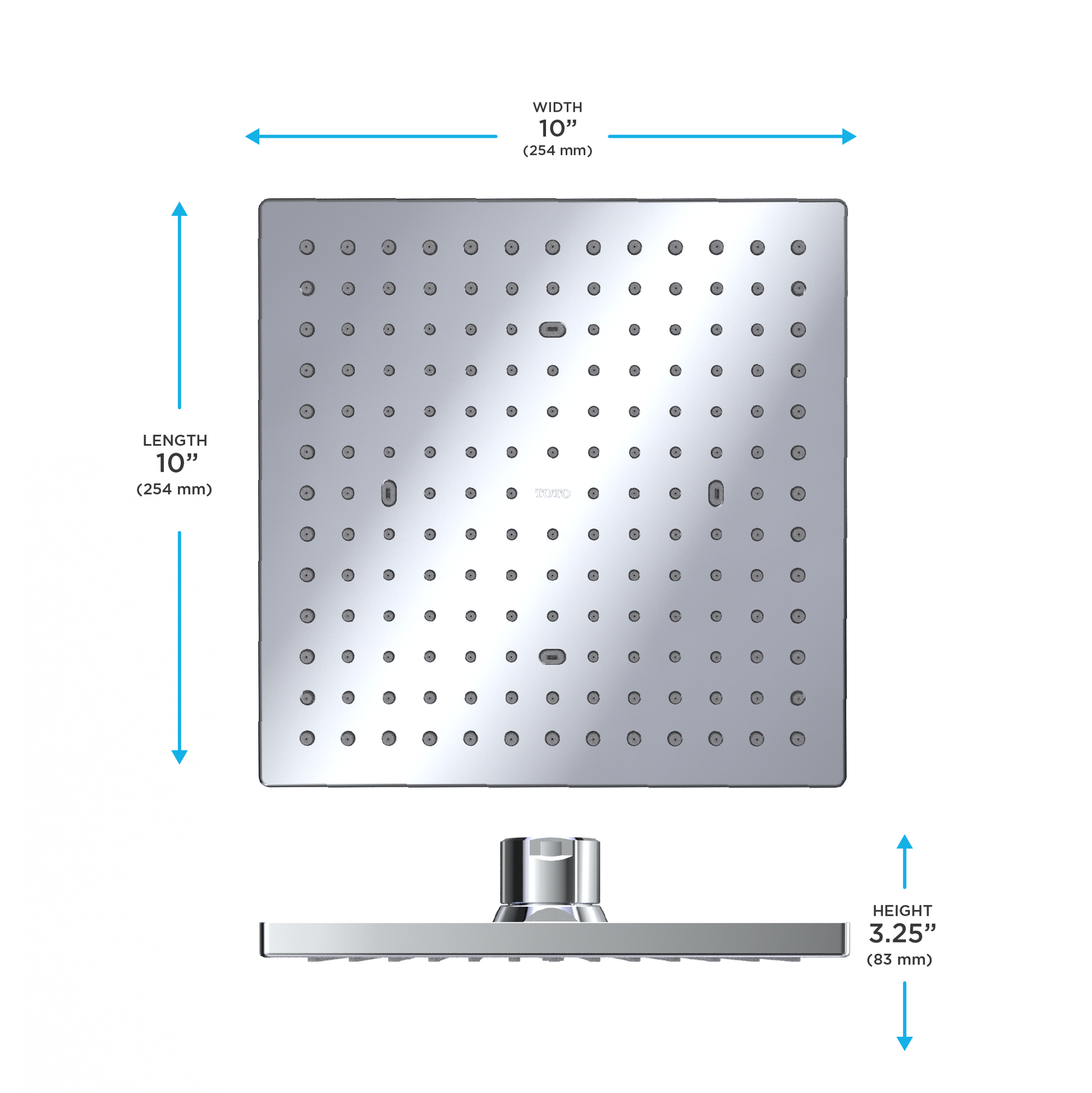 Square brushed nickel shower head with grid pattern of spray holes, 10 inches wide, with chrome connector and dimensions labe