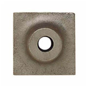 Square gray metal tamper plate with centered circular opening and recessed circular feature.