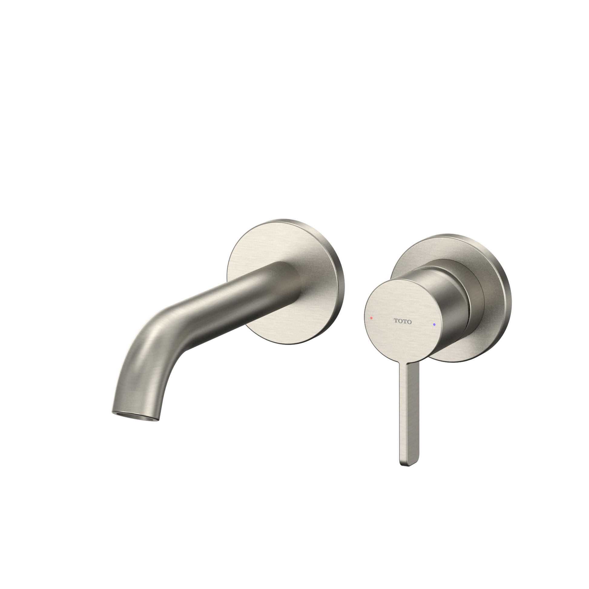 Brushed nickel wall-mount bathroom faucet with single-handle lever control and curved spout.