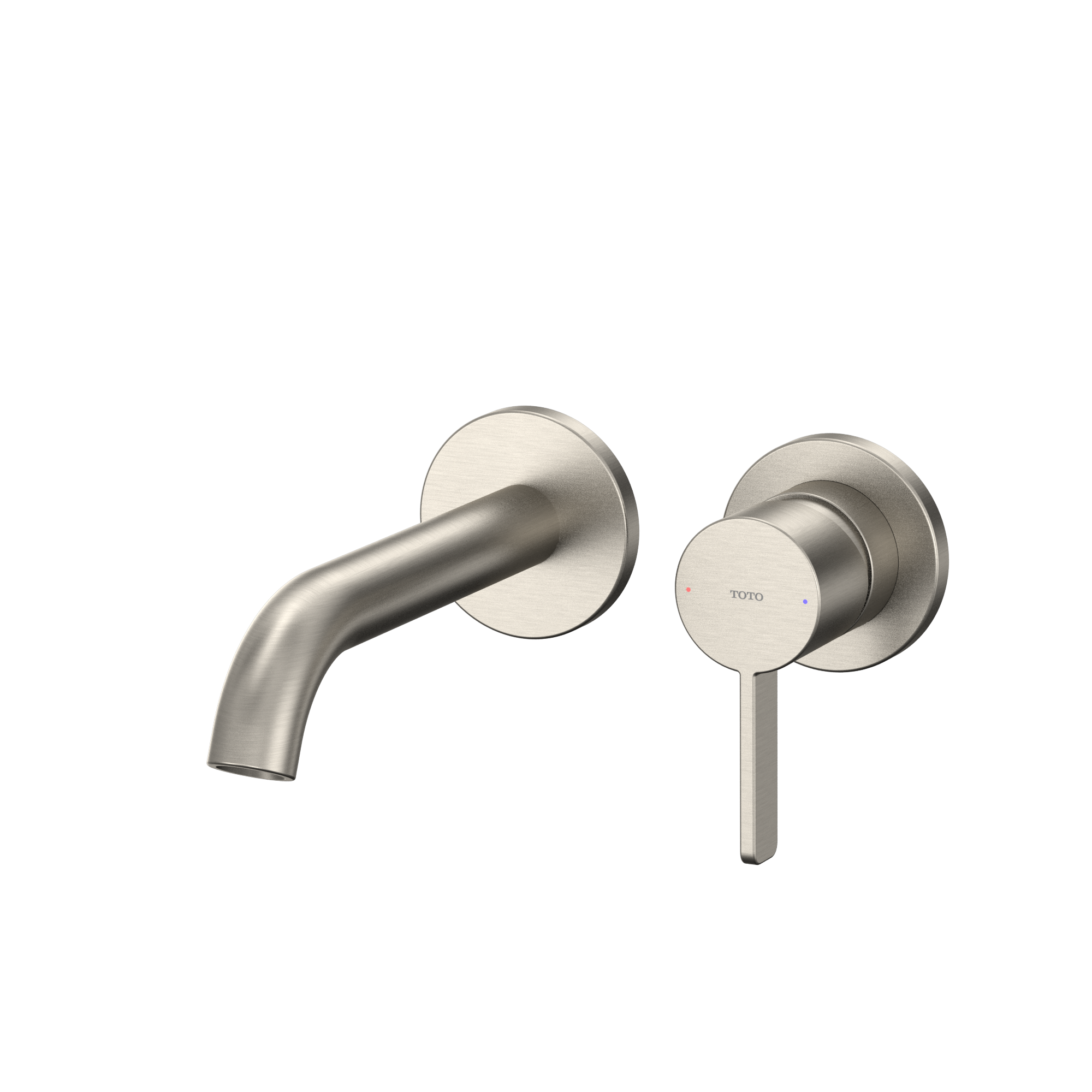 Brushed nickel wall-mount bathroom faucet with single-handle lever control and curved spout.