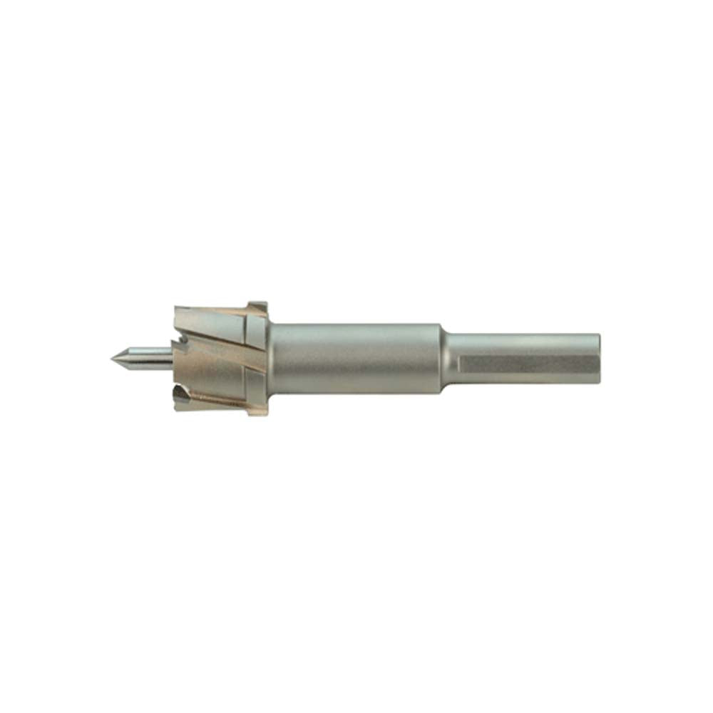 Steel hole cutter with cylindrical shank and pointed center bit, fluted cutting edges on circular head.