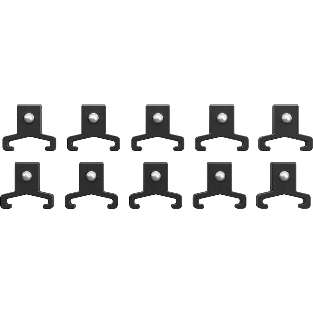 Ten black socket rail clips with metal ball stud fasteners arranged in two rows.