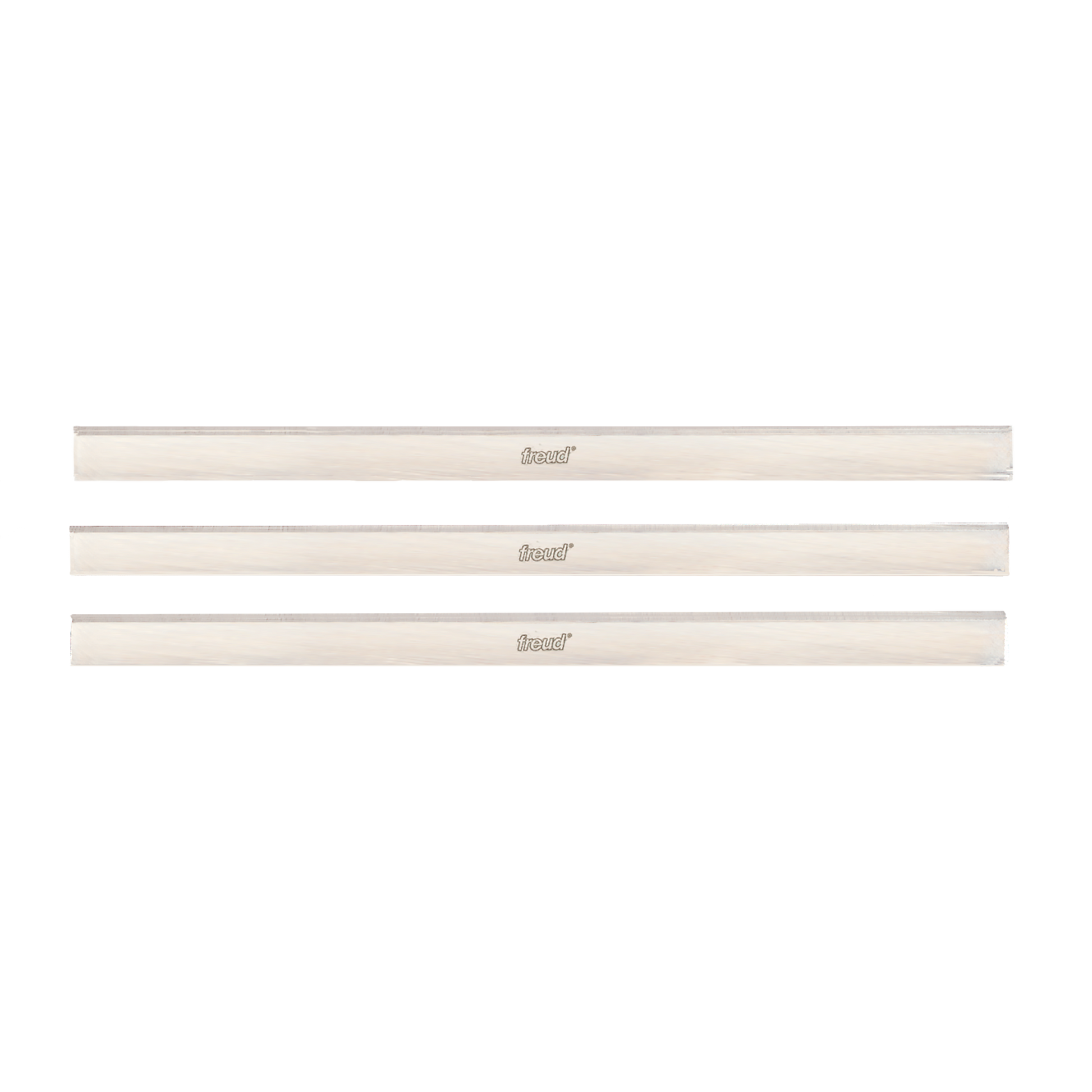 Three rectangular planer and jointer blades with Freud branding and gray cutting edges.