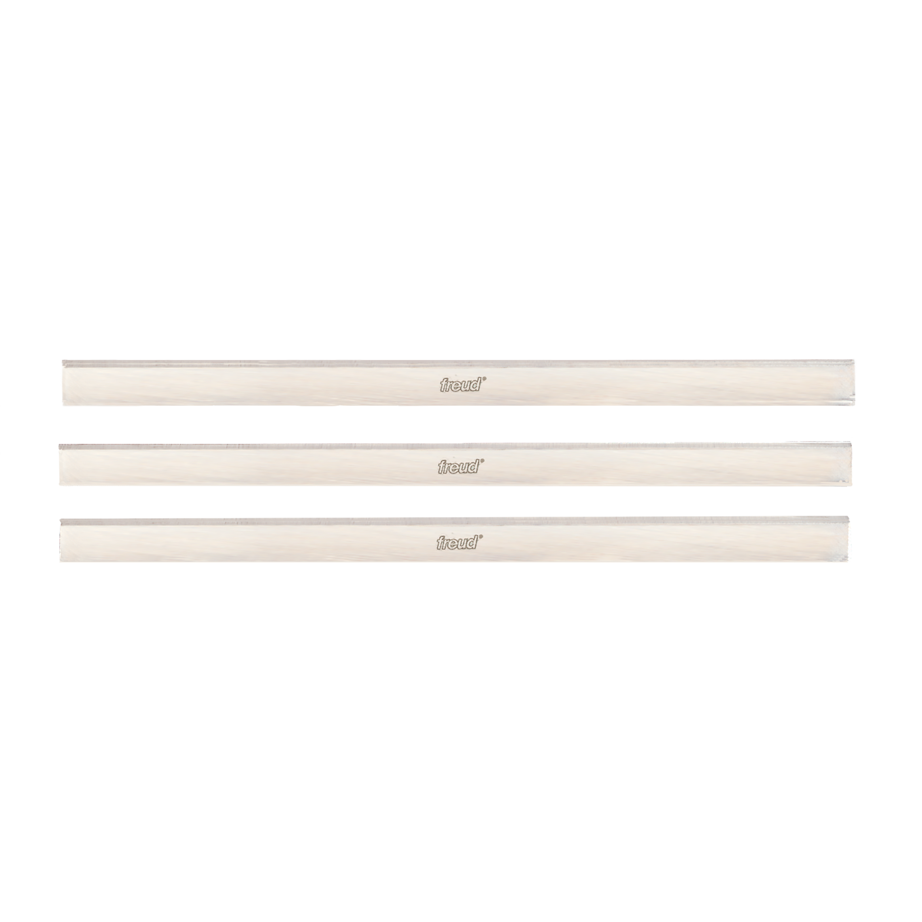 Three rectangular planer and jointer blades with Freud branding and gray cutting edges.
