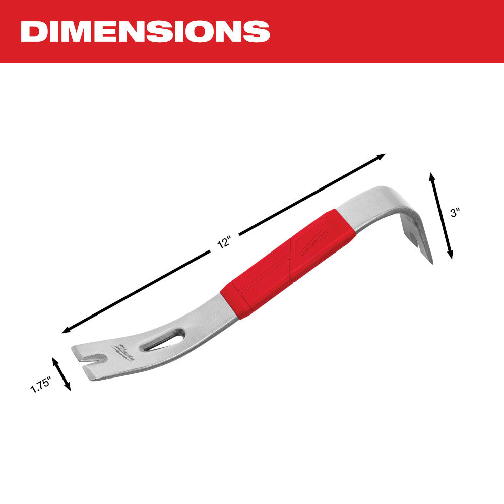 Steel pry bar with red grip, curved claw end, and flat prying end with oval cutout.