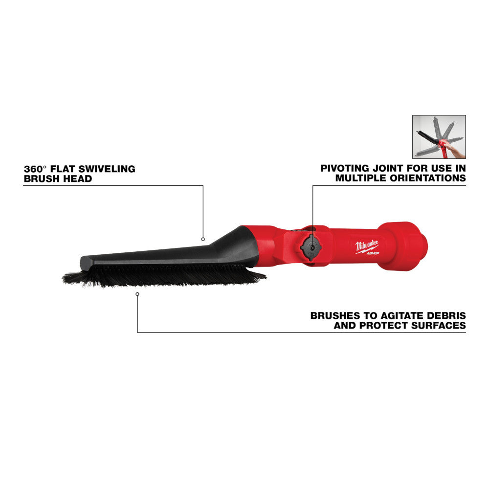 Red and black pivoting brush tool with flat swiveling brush head and adjustable joint for multiple orientations.