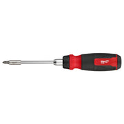 Red and black ratcheting screwdriver with extended shaft and interchangeable bit tip.