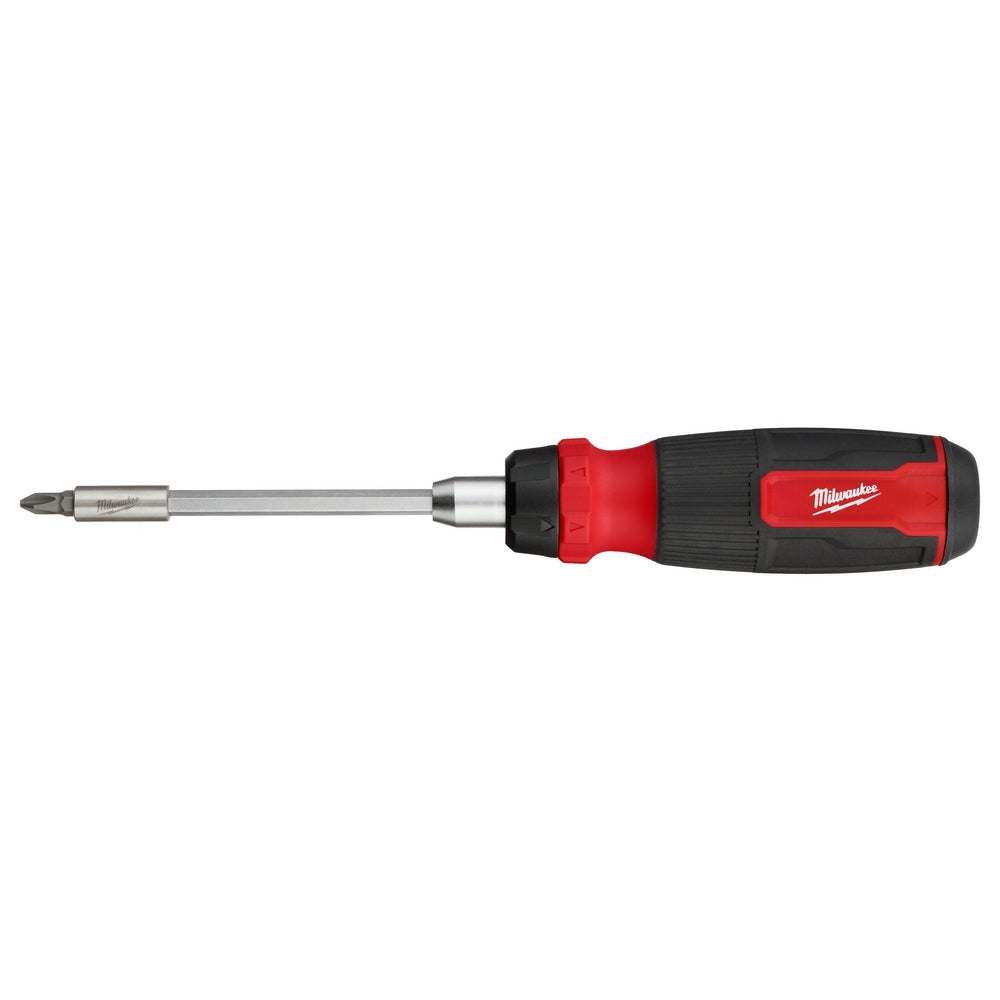 Red and black ratcheting screwdriver with extended shaft and interchangeable bit tip.