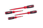 Four insulated screwdrivers with red shafts and black handles with yellow voltage indicators.