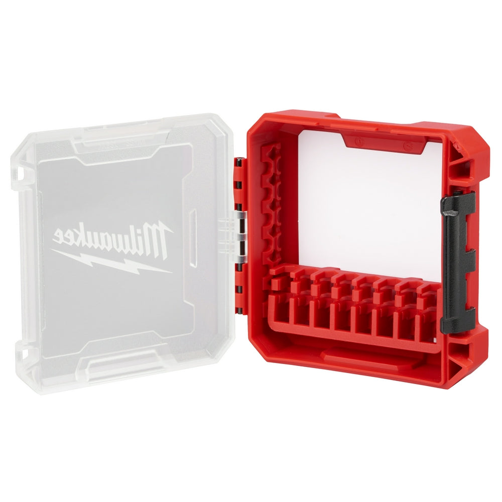 Red compact case with customizable compartments and black handle for storing impact driver accessories.