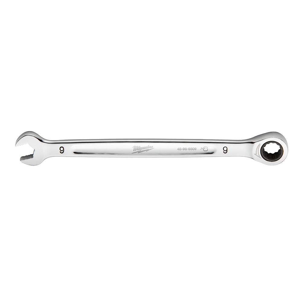 Silver 9mm ratcheting combination wrench with open end on left and circular ratchet head on right.