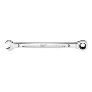 Silver 9mm ratcheting combination wrench with open end on left and circular ratchet head on right.