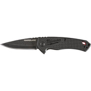 Black pocket knife with Hardline blade, textured plastic handle, and Milwaukee branding displayed open against white backgrou