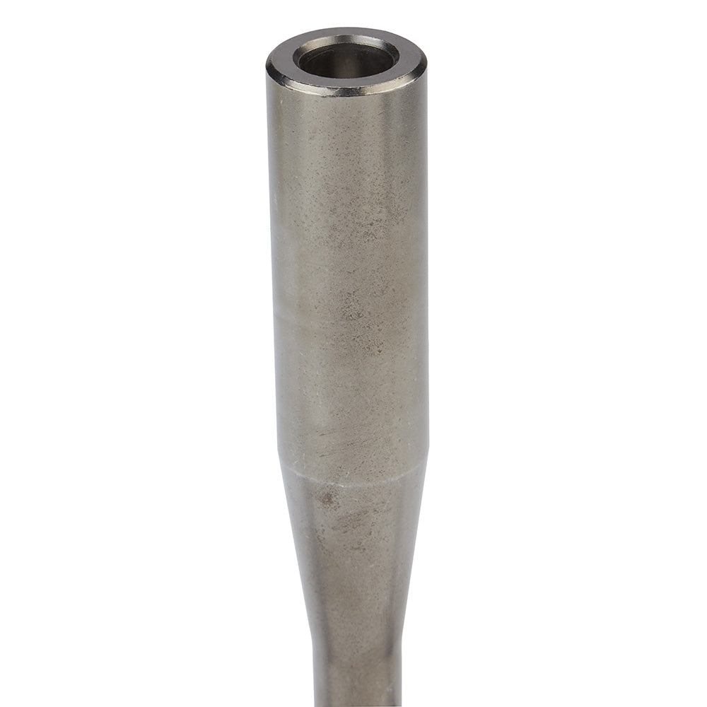 Metal SDS-Max ground rod driver with hollow cylindrical body and tapered end, approximately 10 inches long.