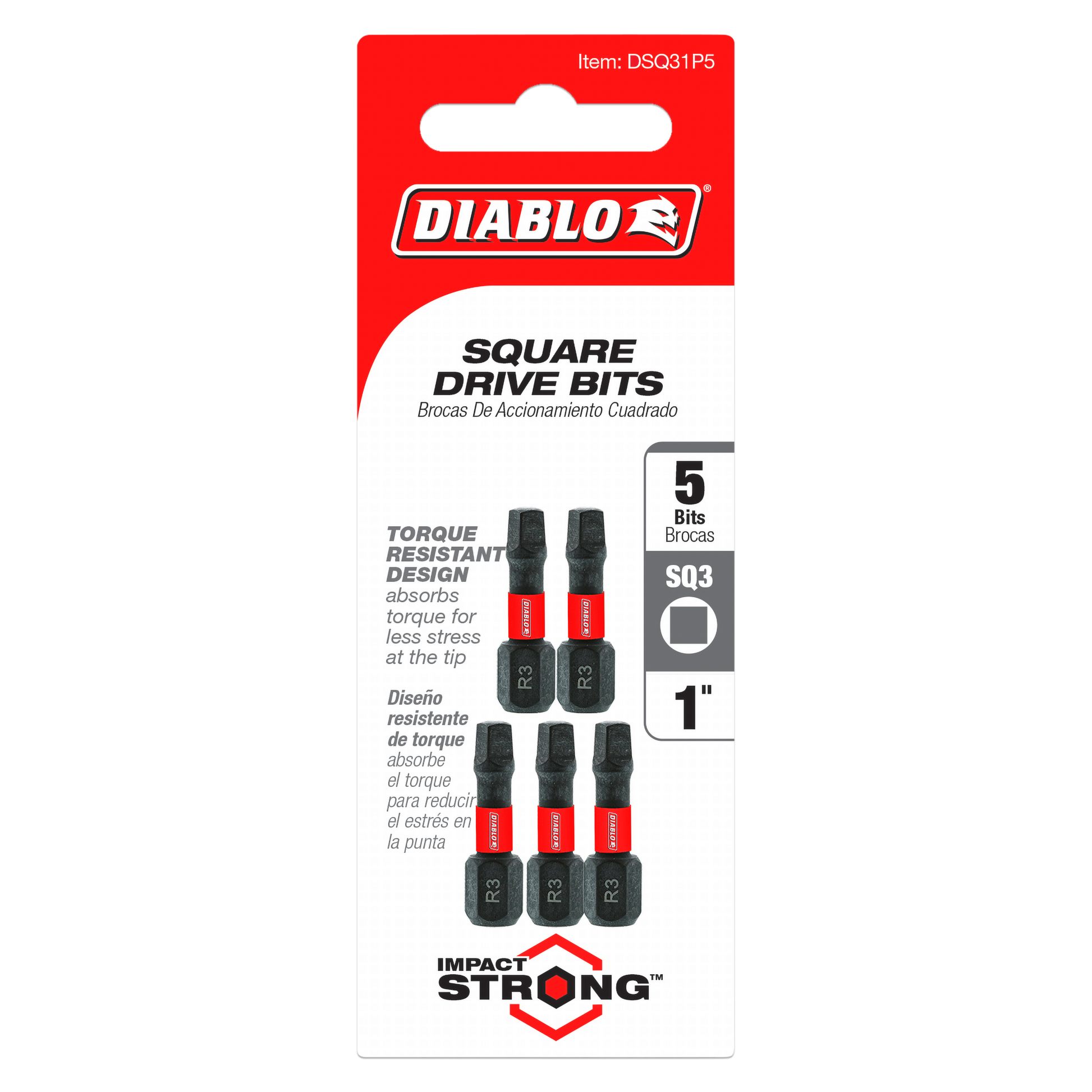 Five 1-inch #3 square drive bits with red and black shanks on red backing card.
