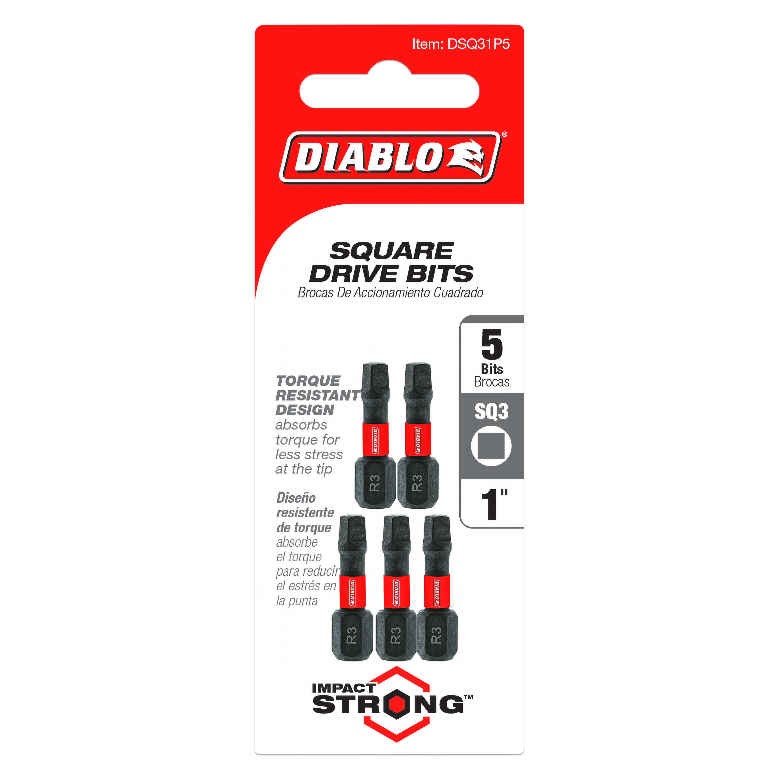 Five 1-inch #3 square drive bits with red and black shanks on red backing card.