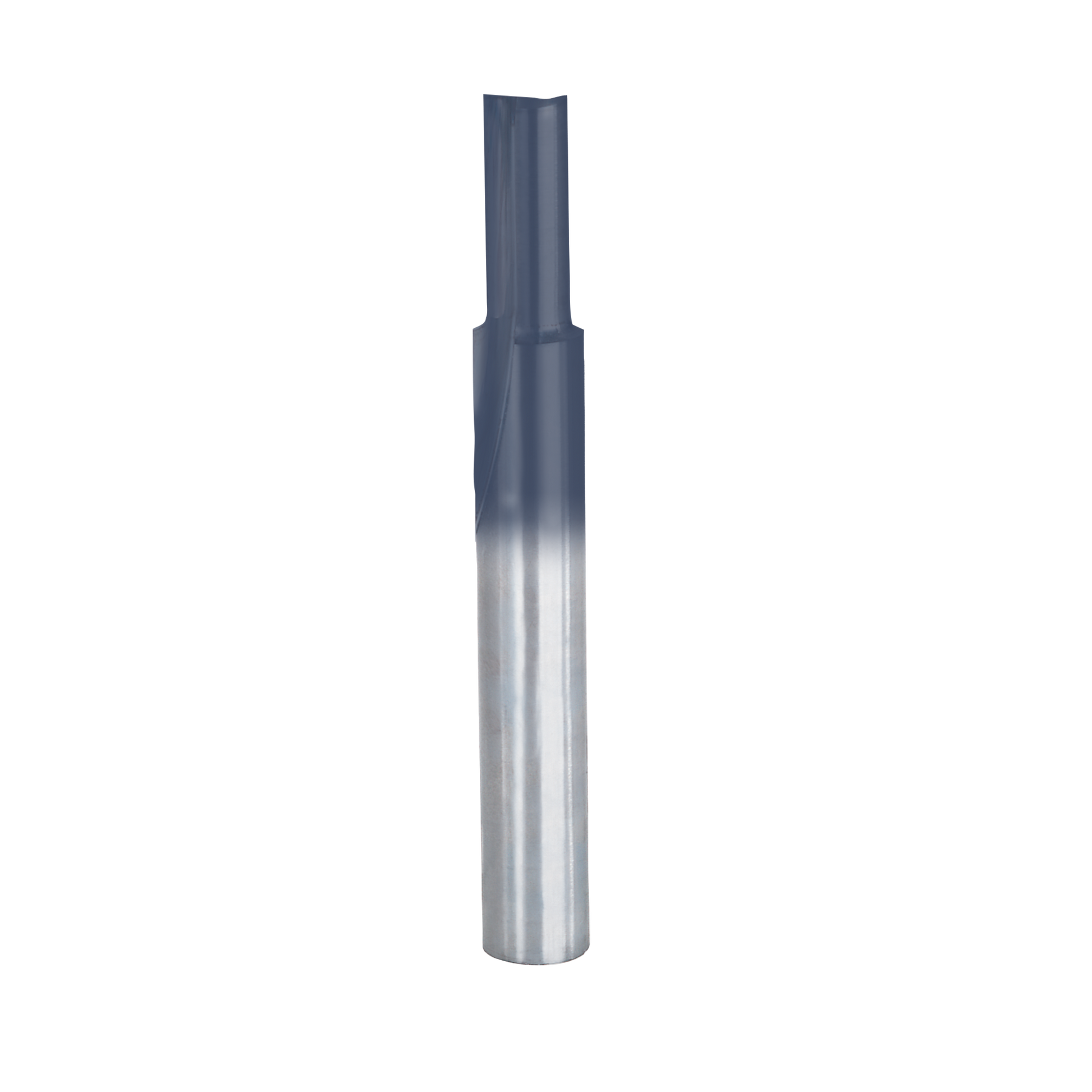 Silver and dark gray straight router bit with two cutting flutes and cylindrical shank.