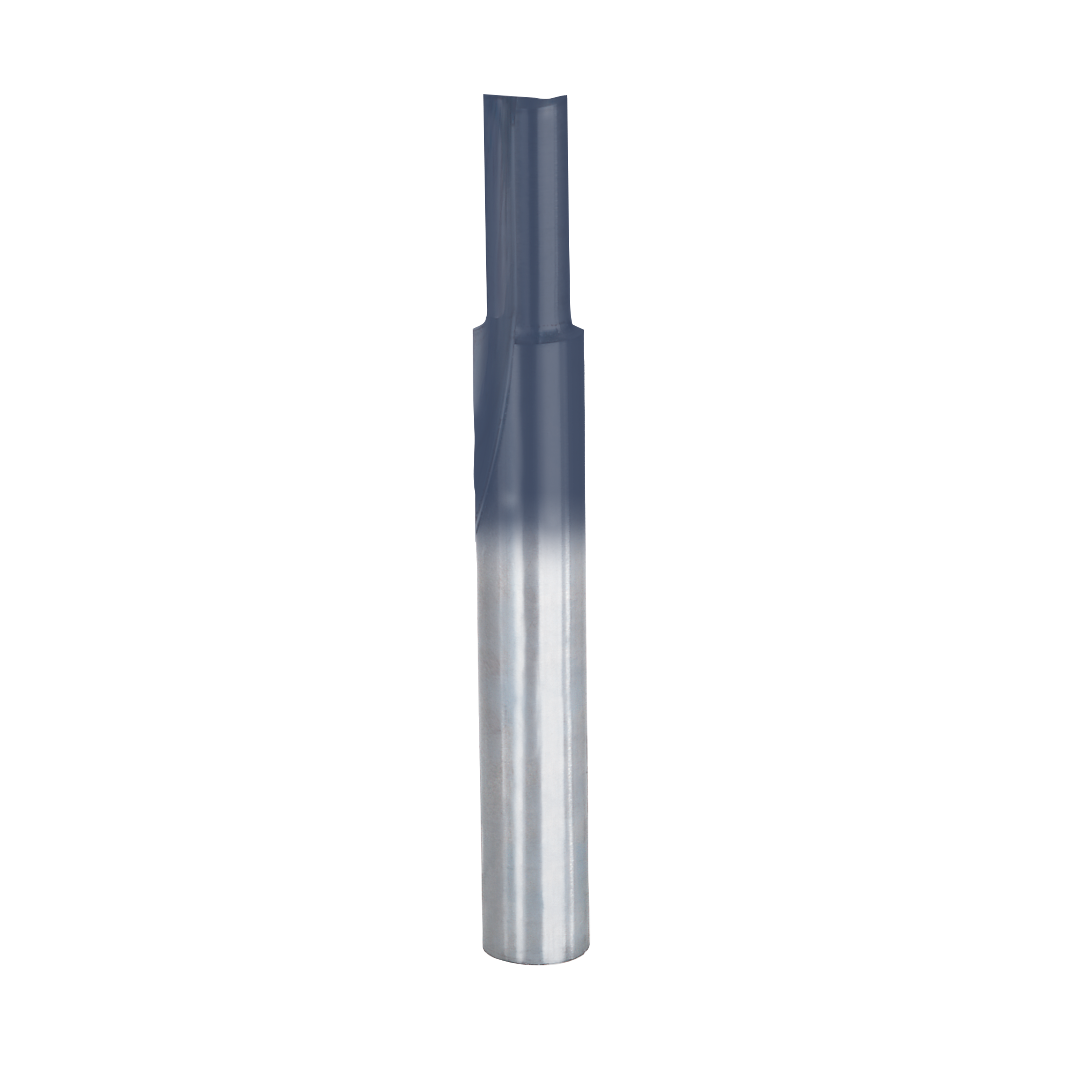Silver and dark gray straight router bit with two cutting flutes and cylindrical shank.