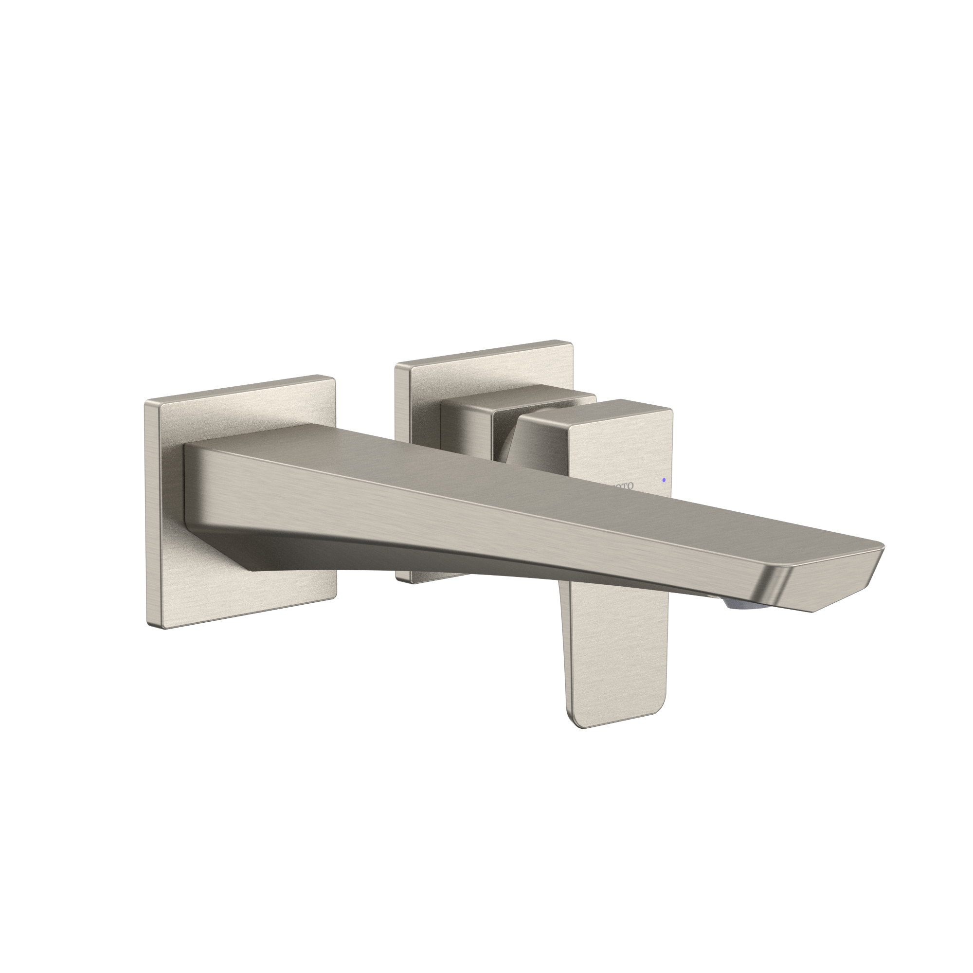 Wall-mount bathroom faucet with single handle and long spout in brushed nickel finish.
