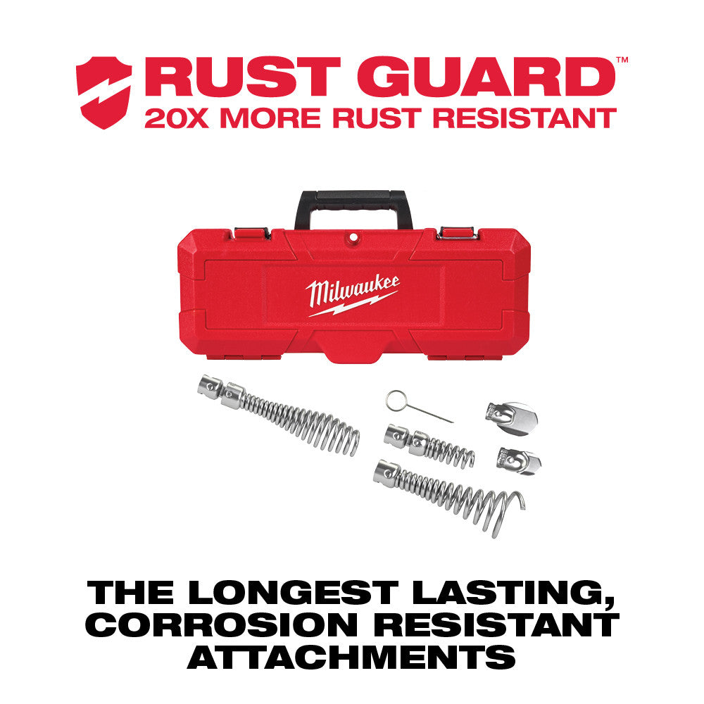 Milwaukee head attachment kit with metal cable segments, springs, and connectors in red carrying case.