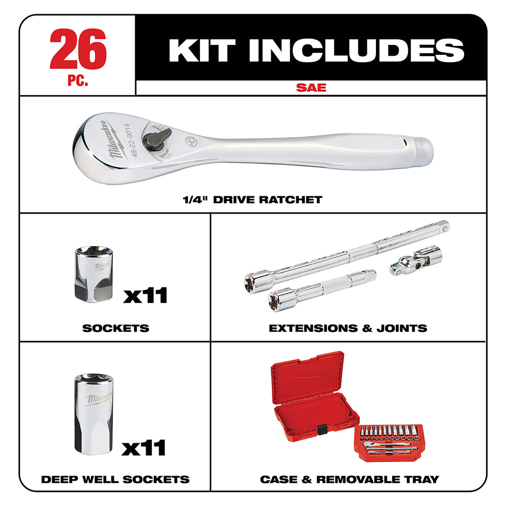 Milwaukee 1/4" drive ratchet with 11 sockets, 11 deep well sockets, extensions, joints, and red carrying case.