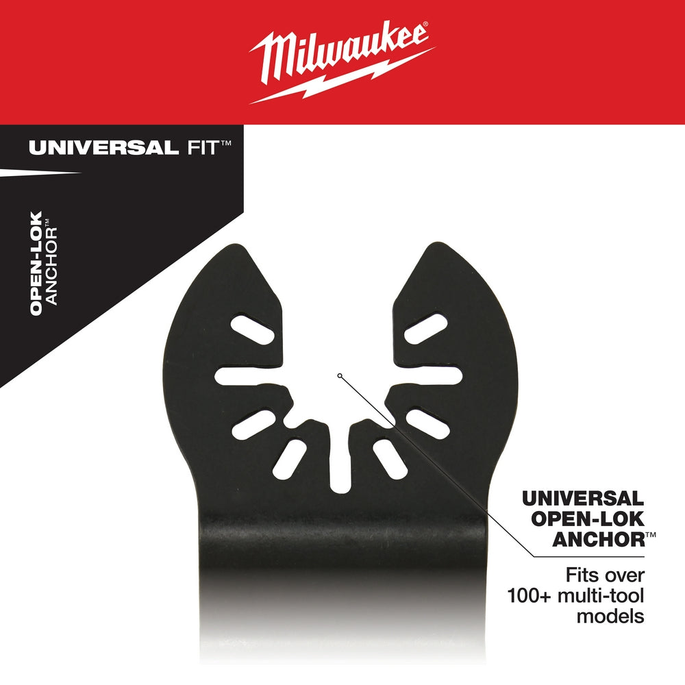Milwaukee 1-3/4" titanium-enhanced bi-metal oscillating blade with Universal OPEN-LOK anchor attachment.