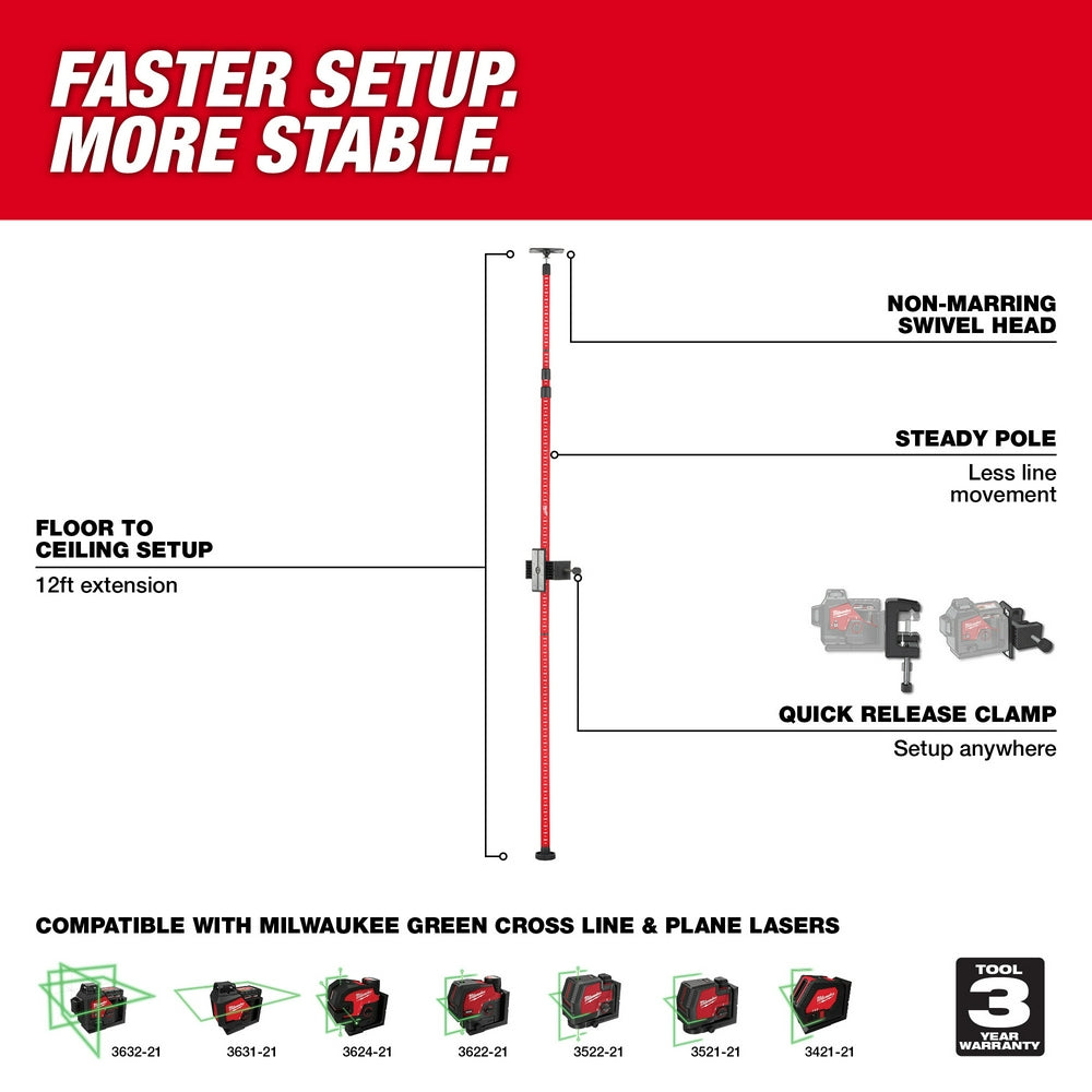 Red and black telescoping laser pole with non-marring swivel head and quick release clamp for floor-to-ceiling setup.