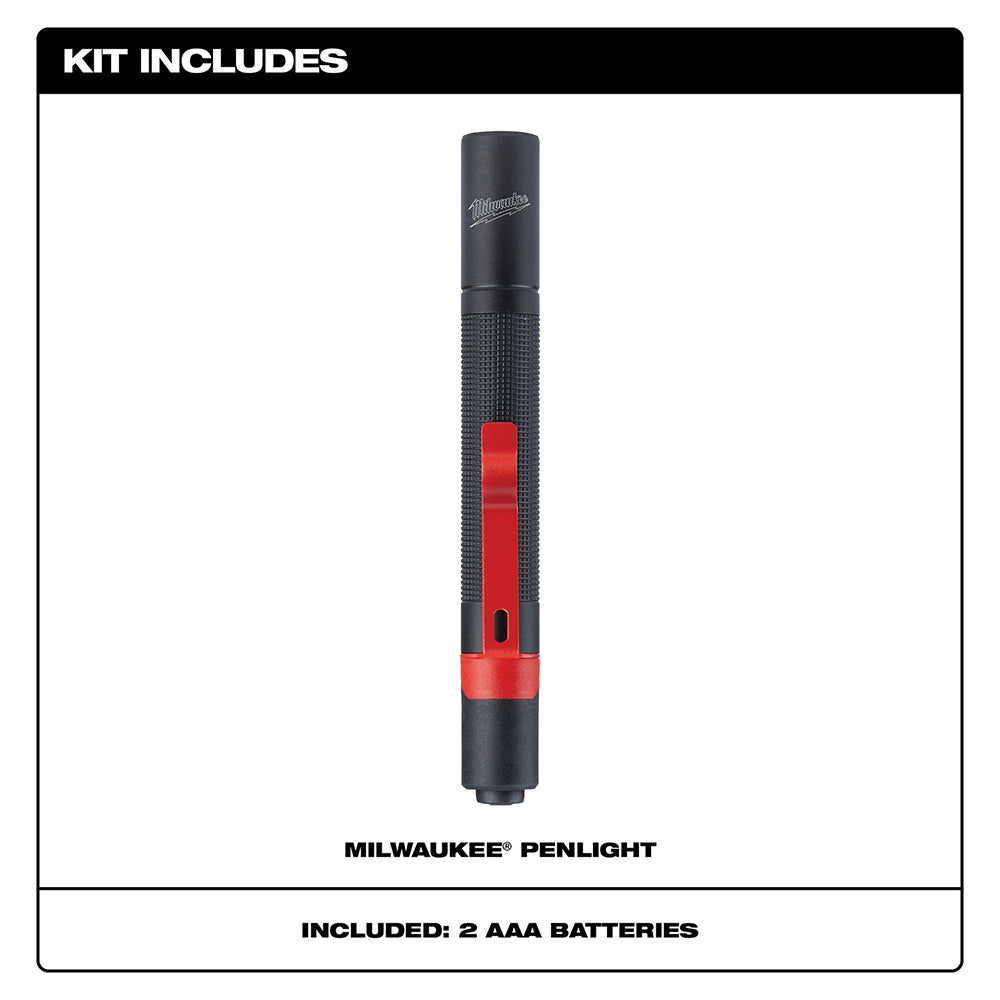 Black aluminum pen light with red grip band and clip, featuring textured middle section and power button.