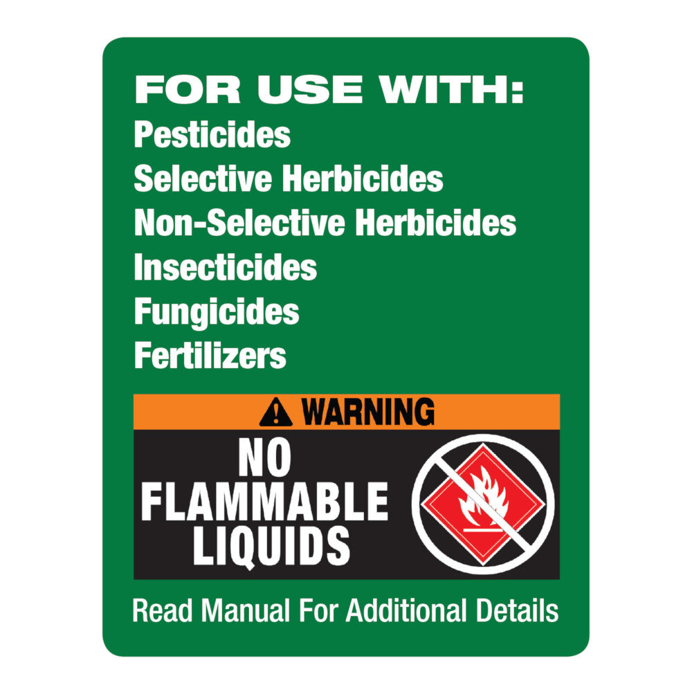 Green label with white text listing uses for pesticides, herbicides, insecticides, fungicides, and fertilizers with warning a