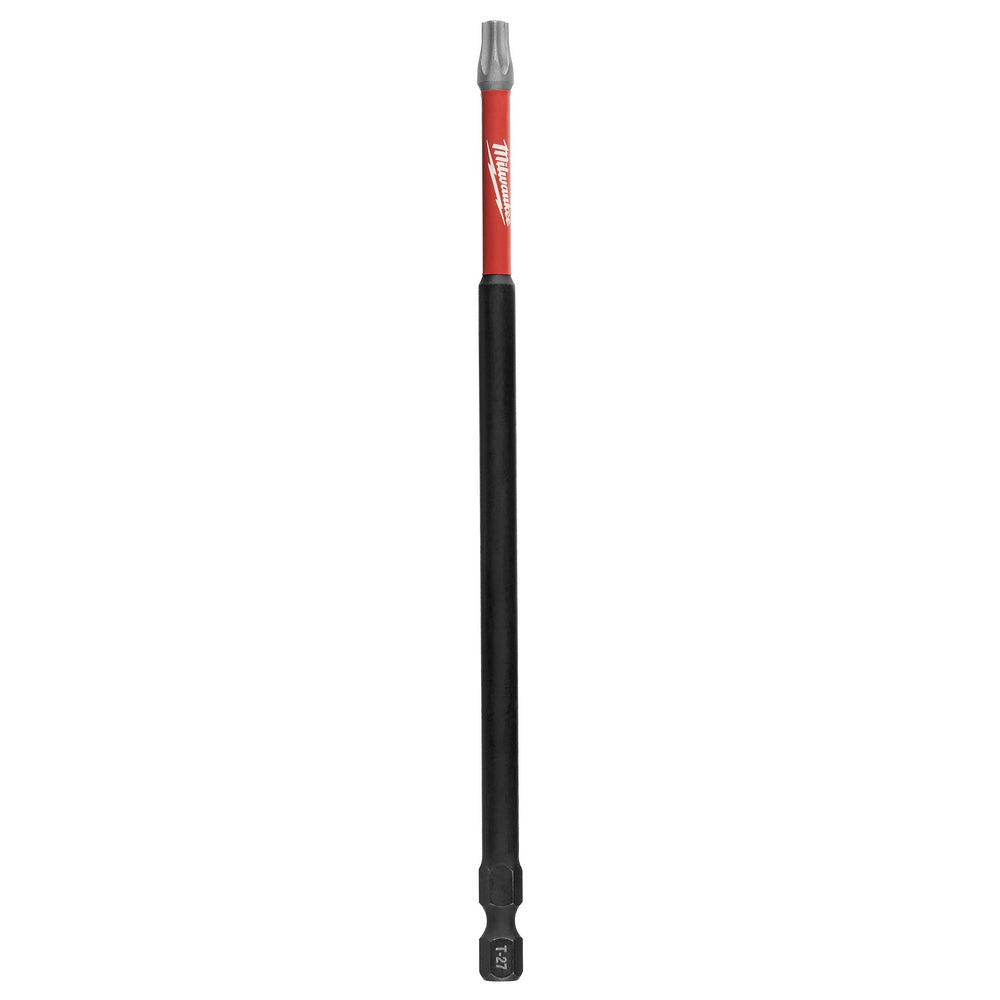 Milwaukee Shockwave T27 Torx impact driver bit with red and black shaft, 6 inches long.