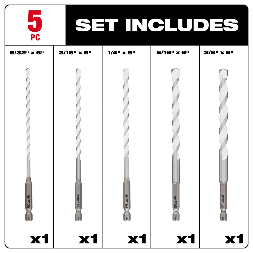 Five carbide twist drill bits in varying sizes from 5/32" to 3/8" diameter, each 6" long with hex shanks.