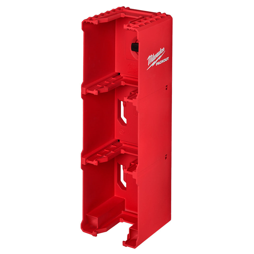 Red Milwaukee PACKOUT battery rack with four horizontal slots for storing M18 batteries vertically.