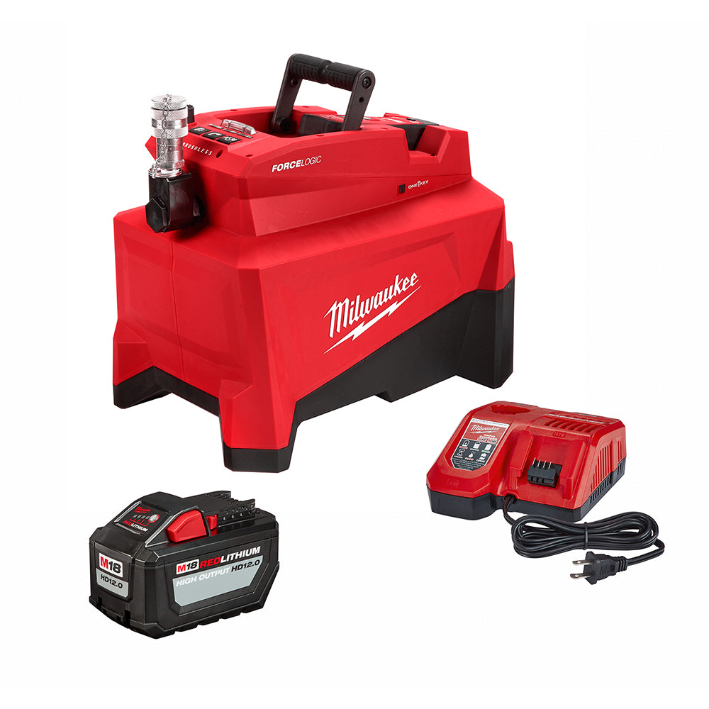 Milwaukee FORCE LOGIC red hydraulic pump with black handle, M18 battery, and rapid charger with power cord.