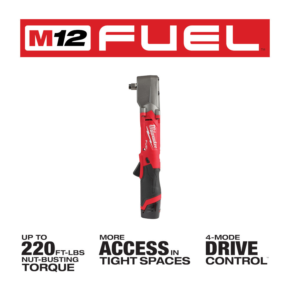 Red and black Milwaukee M12 FUEL right angle impact wrench with gray head and side grip handle.