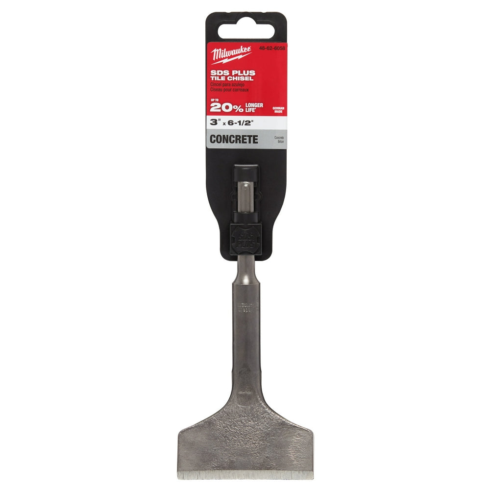Milwaukee SDS-Plus tile chisel with 3-inch wide flat head and black packaging label displayed.