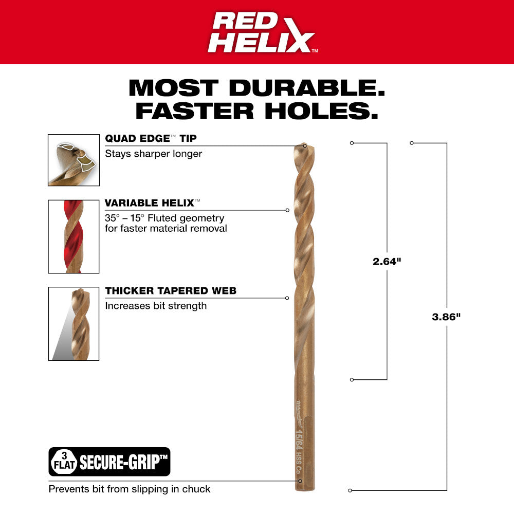 RED HELIX cobalt twist drill bit with gold coating, quad edge tip, and variable helix flutes, measuring 3.86 inches total len