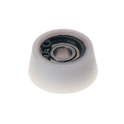 White ball bearing assembly with black metal inner race and roller mechanism visible from top view.