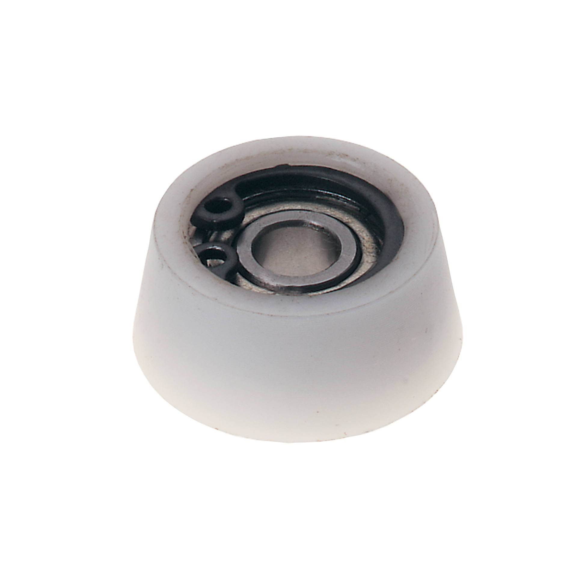 White ball bearing assembly with black metal inner race and roller mechanism visible from top view.