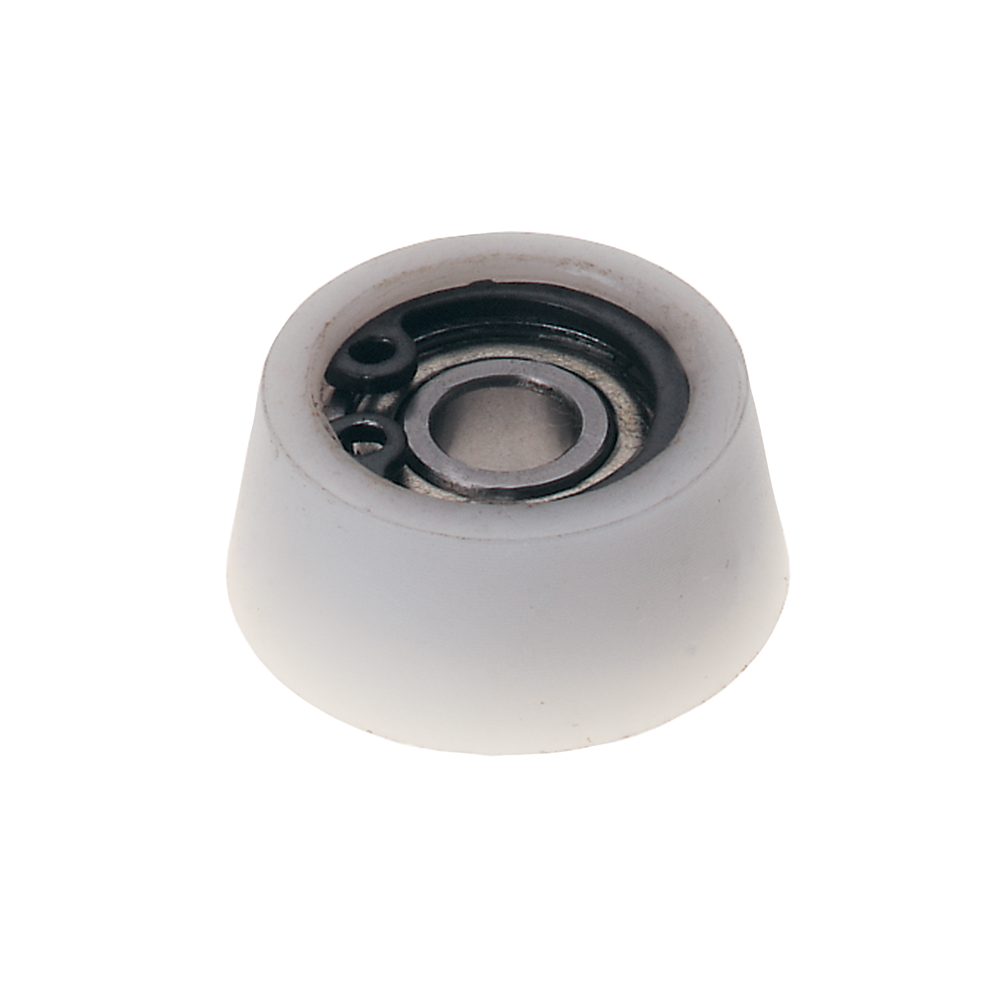 White ball bearing assembly with black metal inner race and roller mechanism visible from top view.