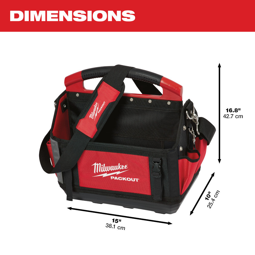 Milwaukee PACKOUT tote with red and black fabric, dual handles, and side pockets, 15 inches wide.