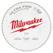 Milwaukee 12-inch circular saw blade with 100 teeth, white body, red Milwaukee branding, and black tooth perimeter.