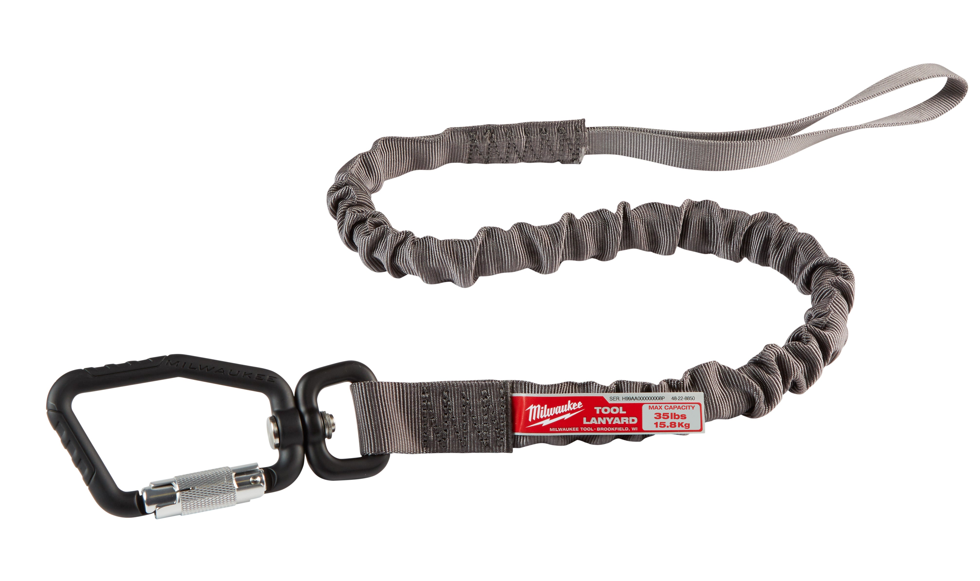Gray and black locking tool lanyard with coiled elastic section, attachment loop, and carabiner clip.