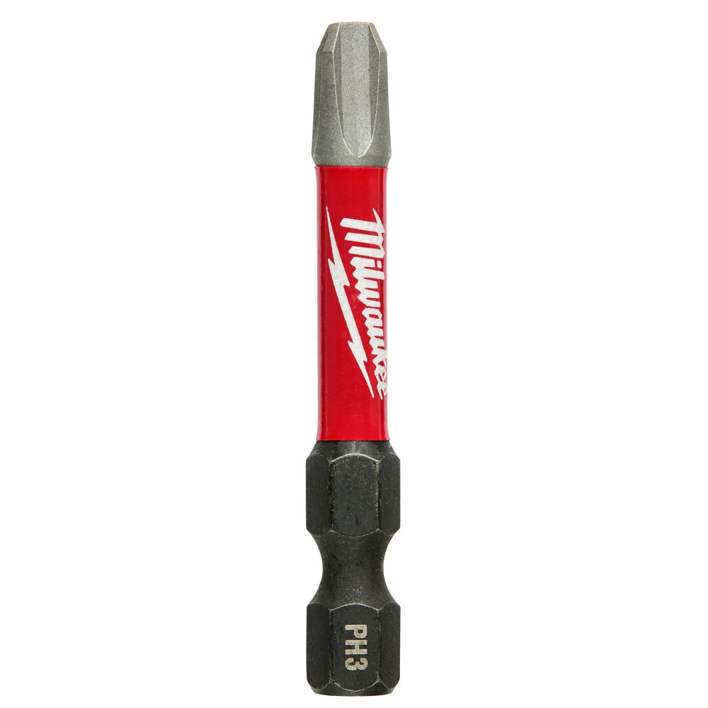 Milwaukee Shockwave PH3 impact driver bit with gray tip, red sleeve, and black hex end.