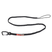Black nylon tool lanyard with carabiner clip on one end and loop attachment on the other, featuring red Milwaukee label and e