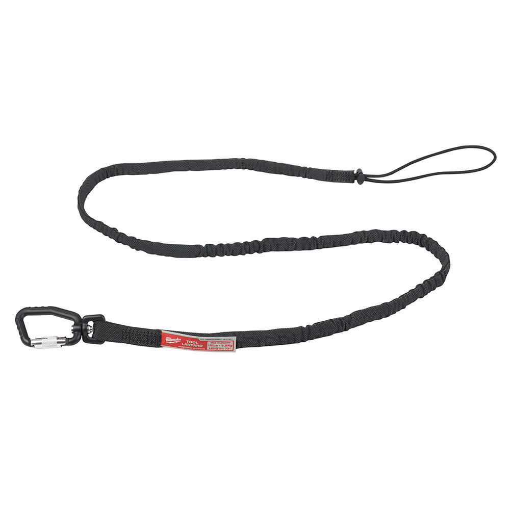 Black nylon tool lanyard with carabiner clip on one end and loop attachment on the other, featuring red Milwaukee label and e