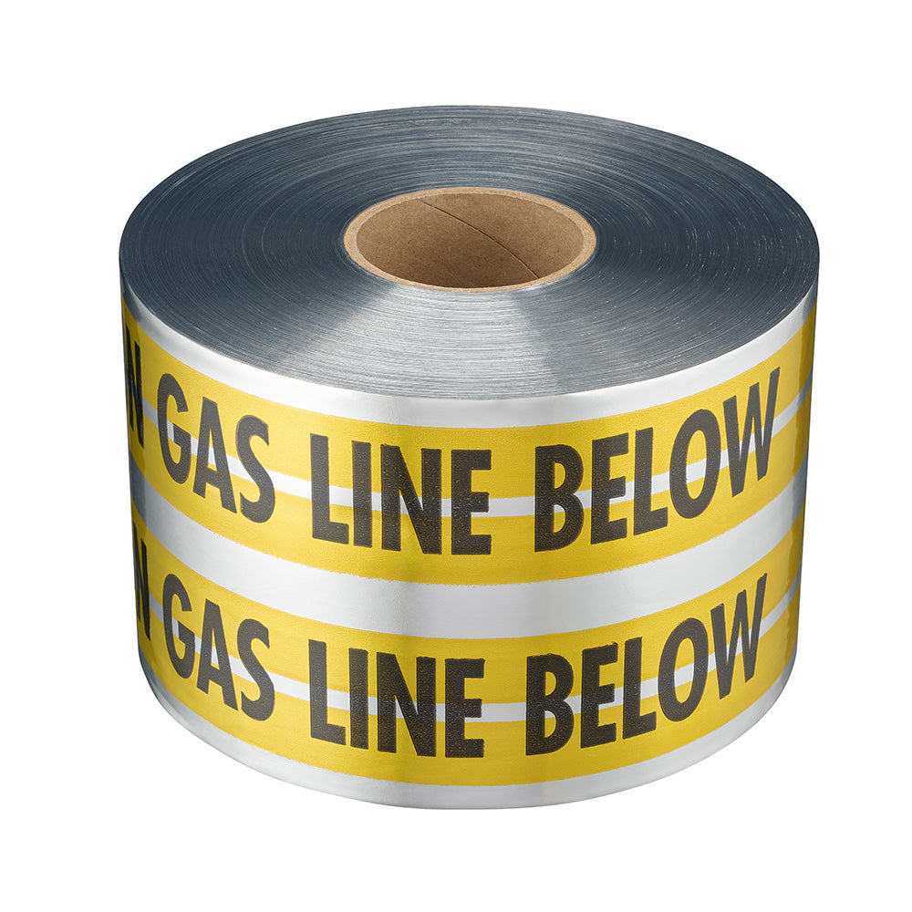 Roll of yellow and white detectable tape with "GAS LINE BELOW" text printed repeatedly on the surface.