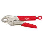 Milwaukee 7-inch locking pliers with curved jaw, red rubber grip handles, and metal body.