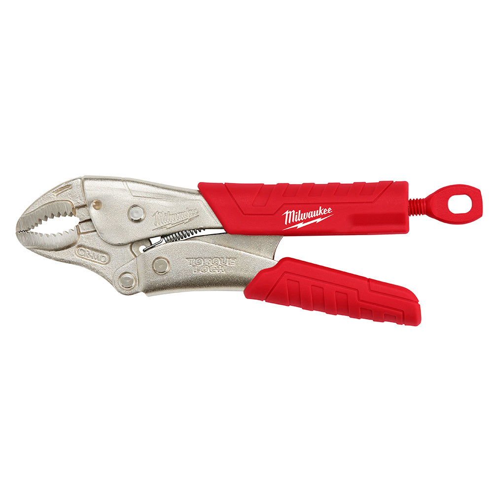 Milwaukee 7-inch locking pliers with curved jaw, red rubber grip handles, and metal body.