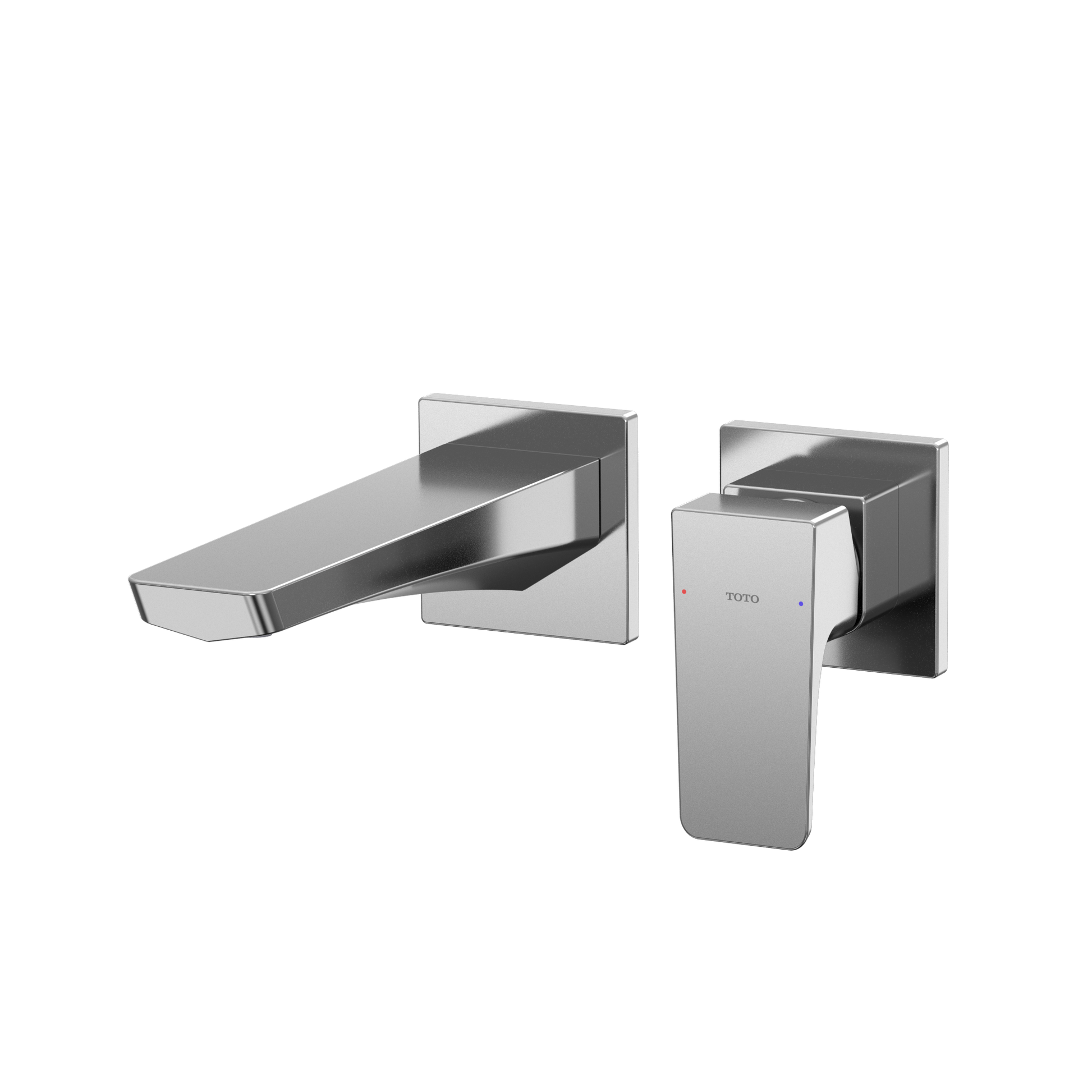 Polished chrome wall-mount bathroom faucet with single handle and curved spout.